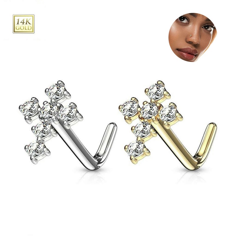 14K Solid Gold 20G Prong Set CZ Cross L Shaped Nose Studs Rings 6mm White Gold