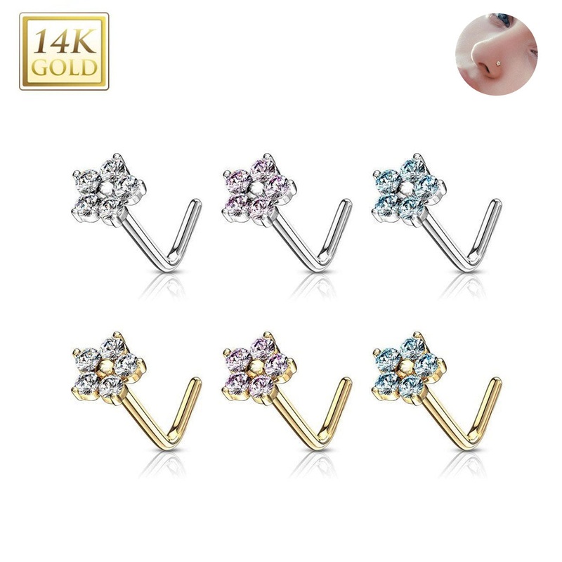14K Solid Gold 20G Prong Set CZ Flower L Shaped Nose Studs Rings 6mm White Gold Clear
