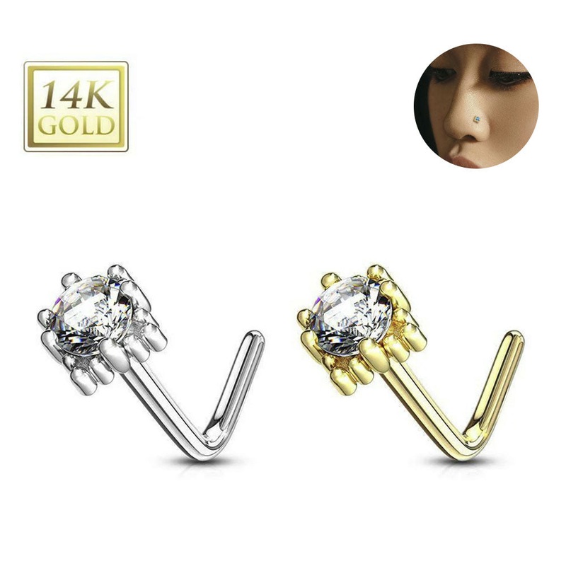14K Solid Gold 20G Prong Set CZ L Shaped Nose Studs Rings 6mm White Gold Clear