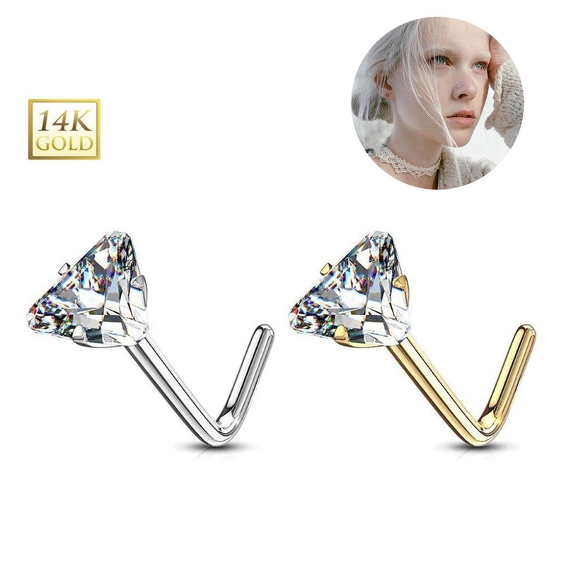 14K Solid Gold 20G Triangle CZ L Shaped Nose Studs Rings 6mm White Gold