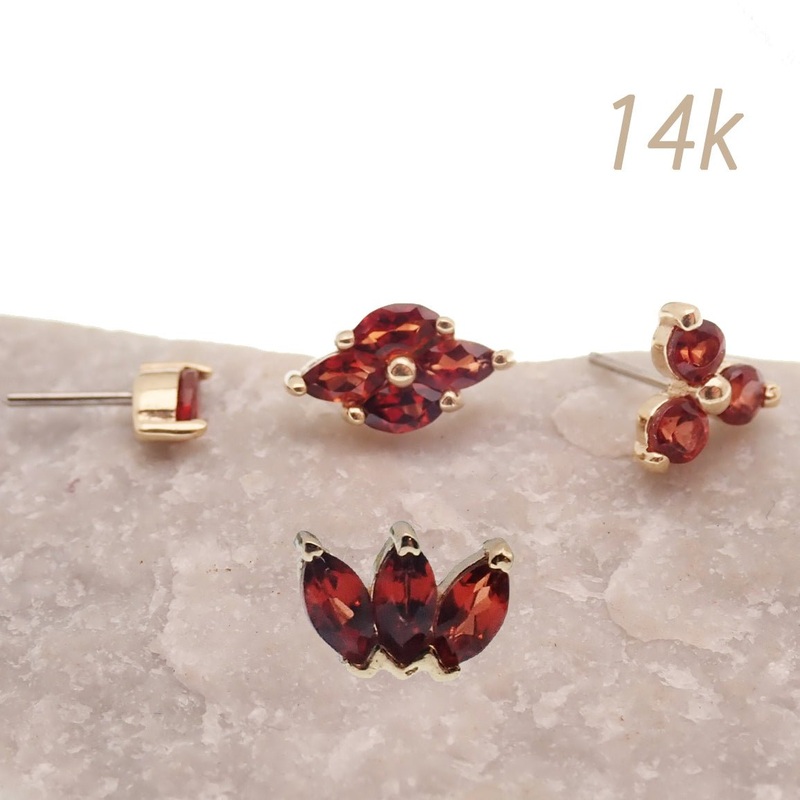 14K Natural stone Garnet Threadless Piercing (A) 4 stone Garnet 20g (0.8mm) 6mm