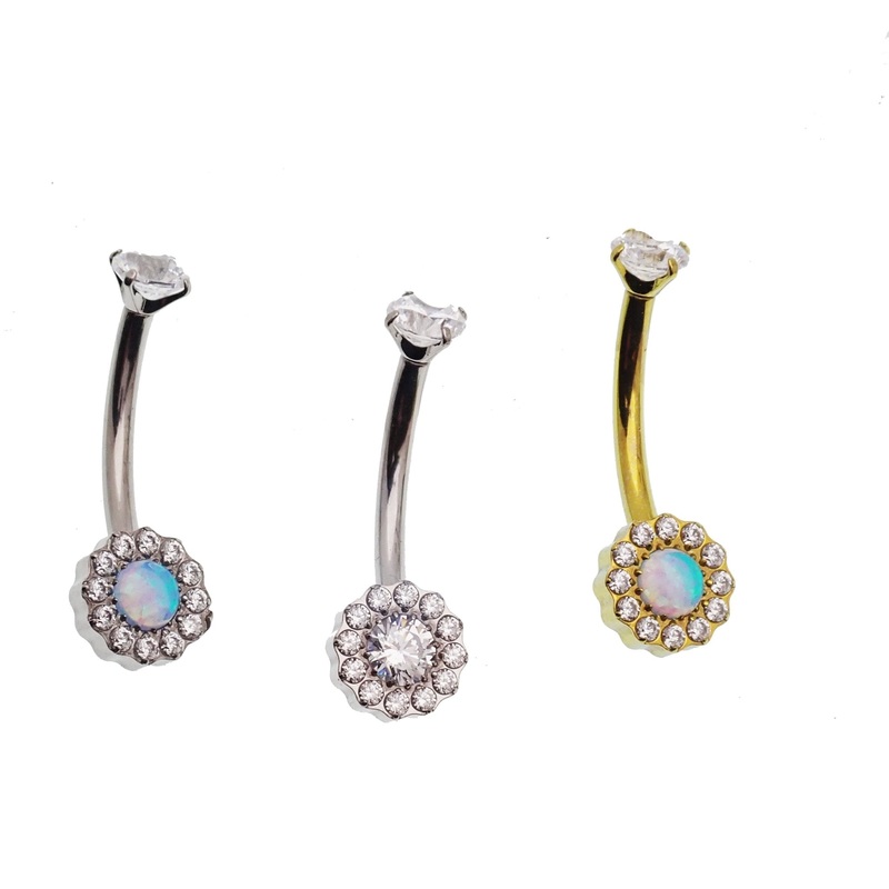 Clear CZ / Azure Blue Opal 10mm Titanium Belly Bar – 14g Azure Blue Opal & CZ