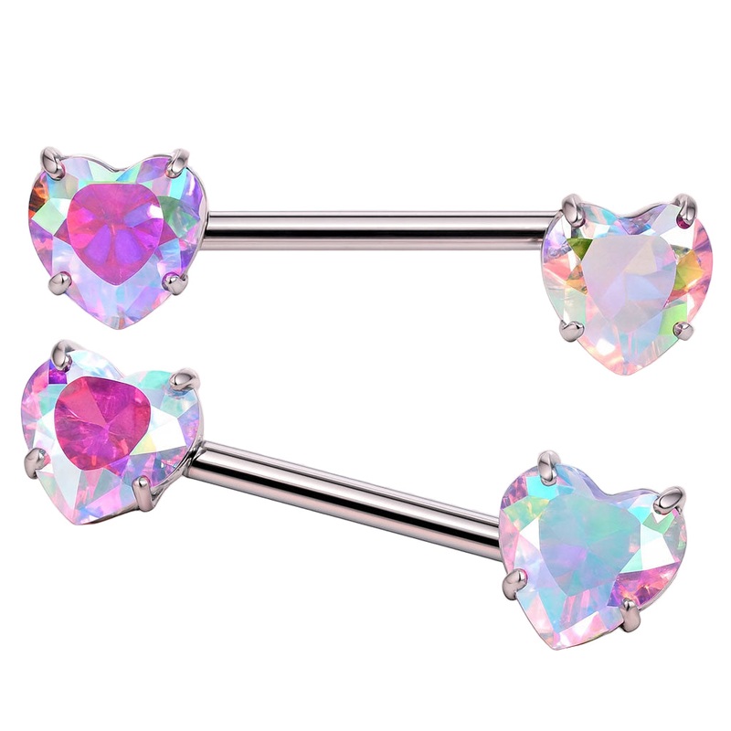 14G 14mm Heart Nipple Barbell  Internally Threaded Implant Grade Titanium & Pink AB CZ Stones Single