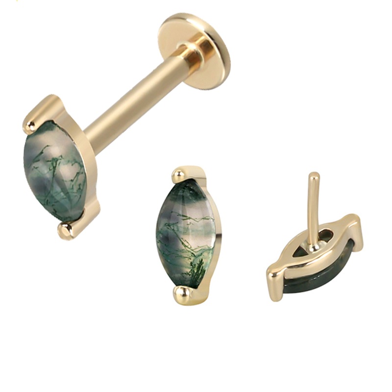 14k Moss Agate/ Titanium Flatback Push fit Piercing 20g 6mm