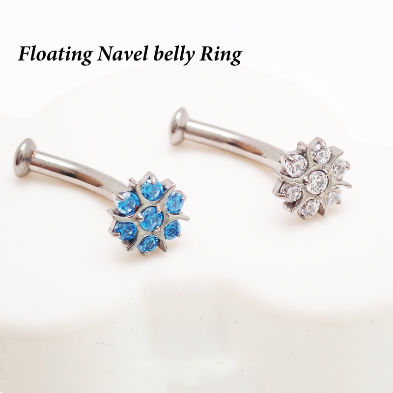 Floating Titanium Belly Bar Piercing 14g Blue CZ