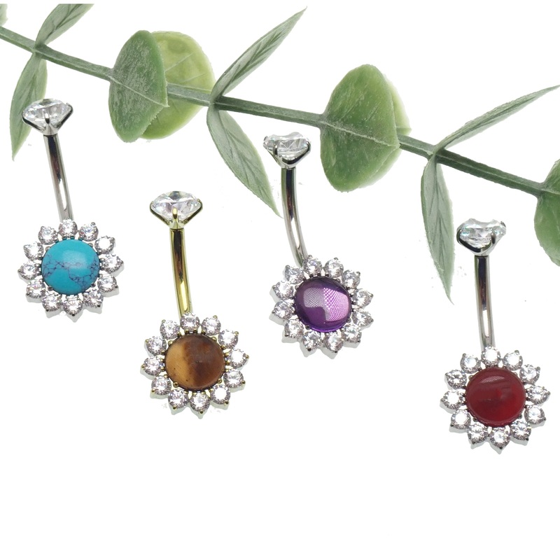 Natural Stone/CZ Belly Ring 14g 10mm Moss Agate