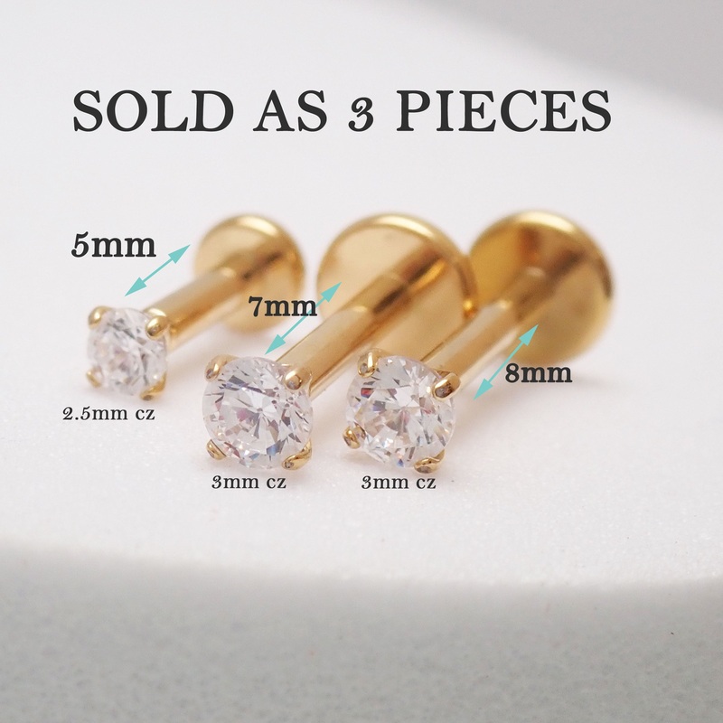 PVD Gold Titanium Internally Threaded Labret Studs  3 Pack | 16G Flatback Piercing