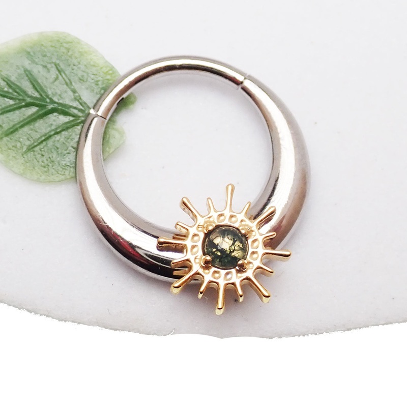 Titanium Sunburst Clicker  Moss Agate  16G/14G Implant-Grade 16g 8mm